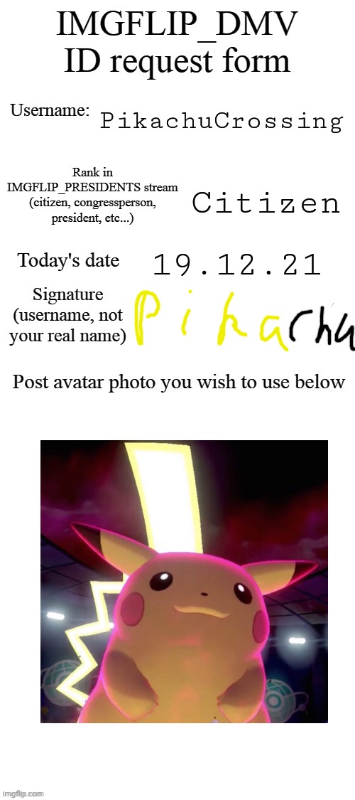 My ID on the stream | PikachuCrossing; Citizen; 19.12.21 | image tagged in dmv id request form | made w/ Imgflip meme maker