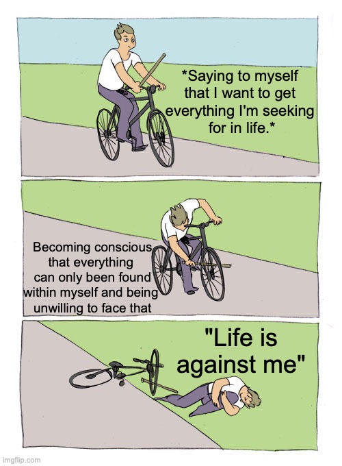 Bike Fall Meme | *Saying to myself 
that I want to get 
everything I'm seeking 
for in life.*; Becoming conscious that everything 
can only been found within myself and being 
unwilling to face that; "Life is against me" | image tagged in memes,bike fall,life,journey,development,shadow | made w/ Imgflip meme maker