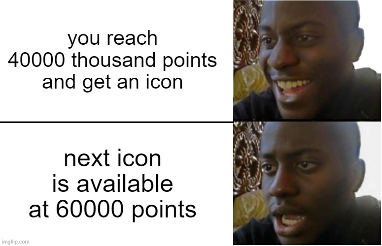 first post | you reach 40000 thousand points and get an icon; next icon is available at 60000 points | image tagged in disappointed black guy | made w/ Imgflip meme maker
