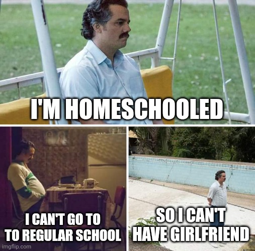 Sad Pablo Escobar Meme | I'M HOMESCHOOLED I CAN'T GO TO TO REGULAR SCHOOL SO I CAN'T HAVE GIRLFRIEND | image tagged in memes,sad pablo escobar | made w/ Imgflip meme maker