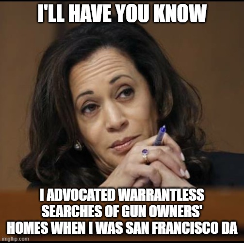 Kamala Harris  | I'LL HAVE YOU KNOW I ADVOCATED WARRANTLESS SEARCHES OF GUN OWNERS' HOMES WHEN I WAS SAN FRANCISCO DA | image tagged in kamala harris | made w/ Imgflip meme maker