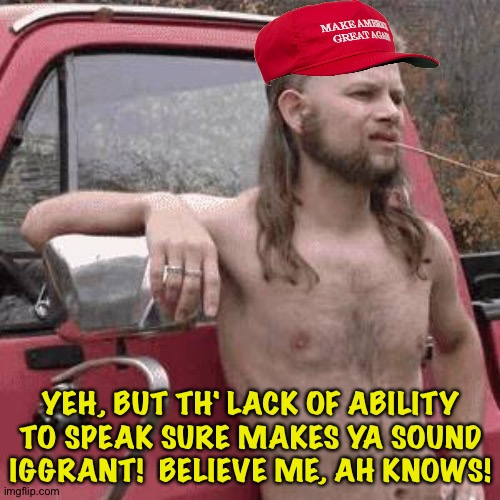 almost redneck | YEH, BUT TH' LACK OF ABILITY TO SPEAK SURE MAKES YA SOUND IGGRANT!  BELIEVE ME, AH KNOWS! | image tagged in almost redneck | made w/ Imgflip meme maker