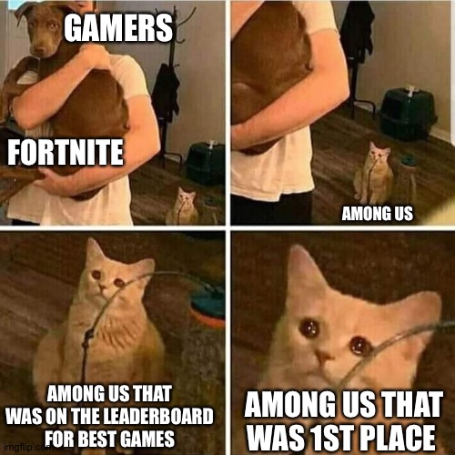 Among us vs fortnite | GAMERS; FORTNITE; AMONG US; AMONG US THAT WAS ON THE LEADERBOARD FOR BEST GAMES; AMONG US THAT WAS 1ST PLACE | image tagged in sad cat holding dog | made w/ Imgflip meme maker