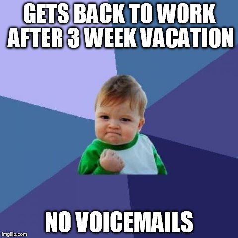 Success Kid Meme | GETS BACK TO WORK AFTER 3 WEEK VACATION NO VOICEMAILS | image tagged in memes,success kid | made w/ Imgflip meme maker