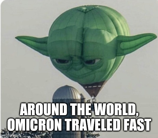 See The World In Less than 25 Days | AROUND THE WORLD, OMICRON TRAVELED FAST | image tagged in hot air balloon yoda,release the kraken,liars,suckers,brainwashed | made w/ Imgflip meme maker