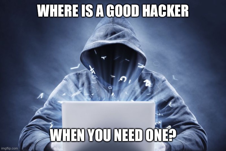 Hacker | WHERE IS A GOOD HACKER WHEN YOU NEED ONE? | image tagged in hacker | made w/ Imgflip meme maker