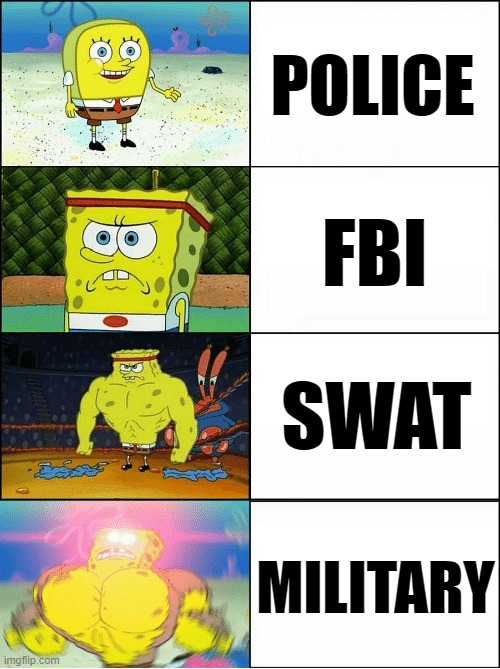 bruh | POLICE; FBI; SWAT; MILITARY | image tagged in sponge finna commit muder,fbi,swat,funny,memes | made w/ Imgflip meme maker
