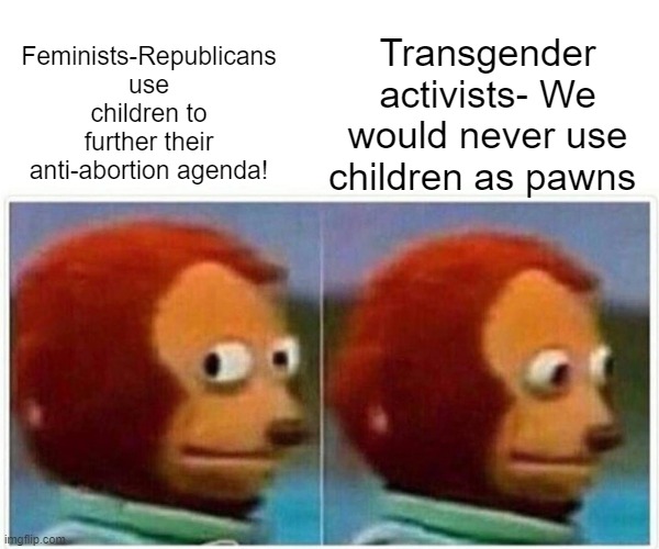 Monkey Puppet | Transgender activists- We would never use children as pawns; Feminists-Republicans use children to further their anti-abortion agenda! | image tagged in memes,monkey puppet | made w/ Imgflip meme maker