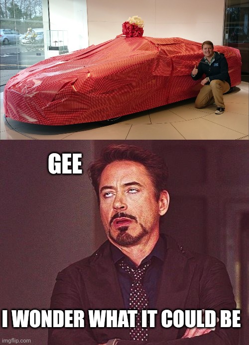 WHY WRAP IT? | GEE; I WONDER WHAT IT COULD BE | image tagged in robert downey jr annoyed,cars,christmas presents | made w/ Imgflip meme maker