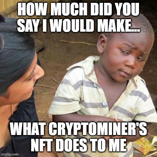 Third World Skeptical Kid | HOW MUCH DID YOU SAY I WOULD MAKE... WHAT CRYPTOMINER'S NFT DOES TO ME | image tagged in memes,third world skeptical kid | made w/ Imgflip meme maker