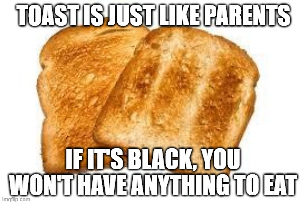 Harsh | TOAST IS JUST LIKE PARENTS; IF IT'S BLACK, YOU WON'T HAVE ANYTHING TO EAT | image tagged in toast | made w/ Imgflip meme maker