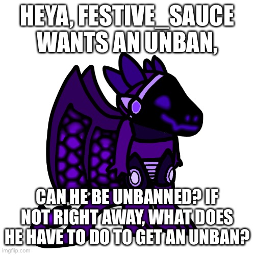 HEYA, FESTIVE_SAUCE WANTS AN UNBAN, CAN HE BE UNBANNED? IF NOT RIGHT AWAY, WHAT DOES HE HAVE TO DO TO GET AN UNBAN? | made w/ Imgflip meme maker