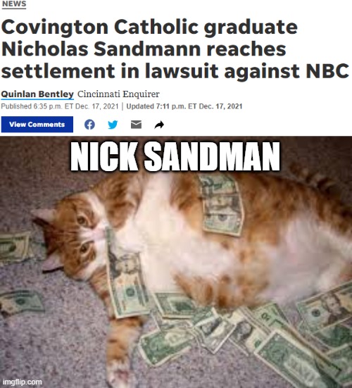 Sandsuit | NICK SANDMAN | image tagged in rich cat,nick sandman,defamation,lawsuit | made w/ Imgflip meme maker