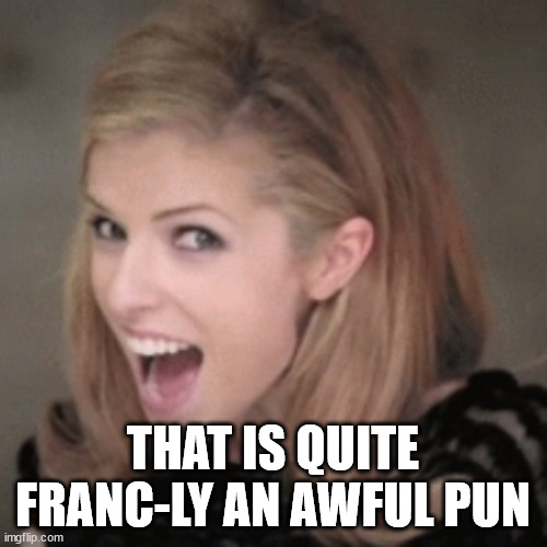 Anna kendrick | THAT IS QUITE FRANC-LY AN AWFUL PUN | image tagged in anna kendrick | made w/ Imgflip meme maker