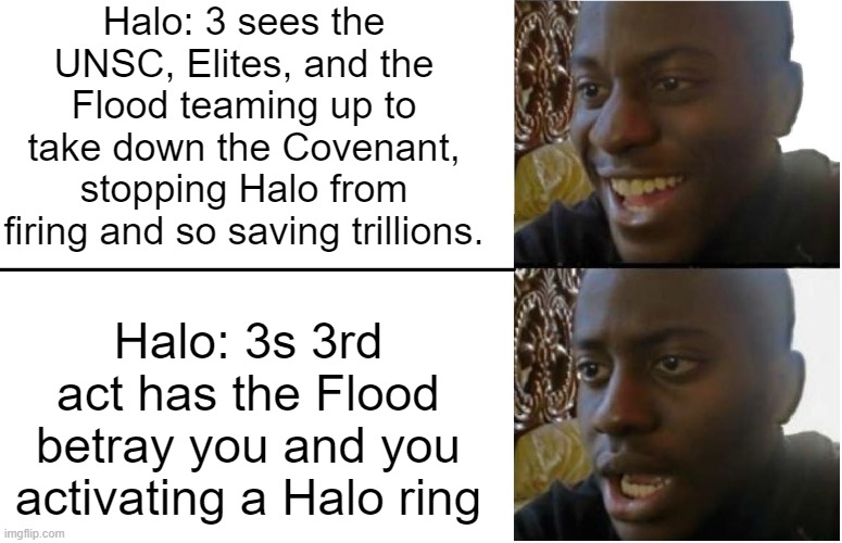 Disappointed Black Guy | Halo: 3 sees the UNSC, Elites, and the Flood teaming up to take down the Covenant, stopping Halo from firing and so saving trillions. Halo: 3s 3rd act has the Flood betray you and you activating a Halo ring | image tagged in disappointed black guy | made w/ Imgflip meme maker