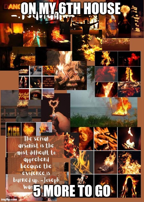 ARSON | ON MY 6TH HOUSE 5 MORE TO GO | image tagged in arson | made w/ Imgflip meme maker