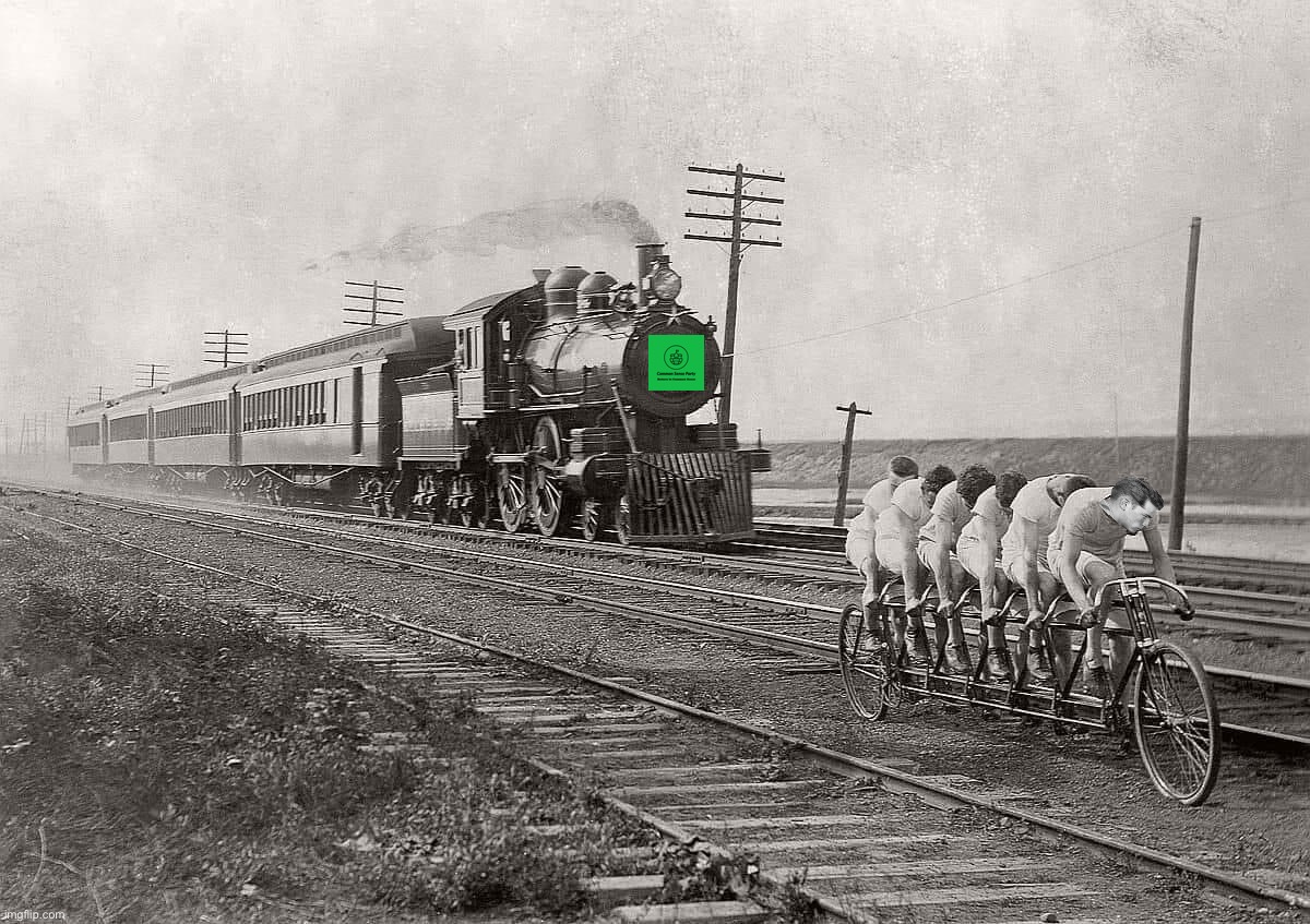 [Common Sense Party locomotive prepares to overtake James Joseph “Whitey” Bulger’s Conservative Party 6-seater; c. 1896] | image tagged in on,track,for,a,better,imgflip | made w/ Imgflip meme maker