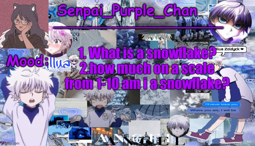 I wanna do the thing but i also wanna kno what it means lol | 1. What is a snowflake?
2.how much on a scale from 1-10 am i a snowflake? | image tagged in killua temp my collage | made w/ Imgflip meme maker