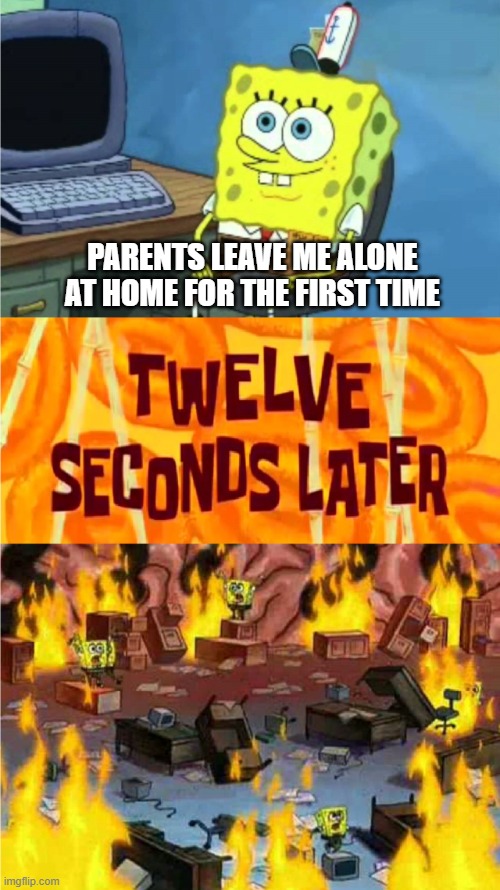 It happened to the best of us | PARENTS LEAVE ME ALONE AT HOME FOR THE FIRST TIME | image tagged in spongebob office rage | made w/ Imgflip meme maker