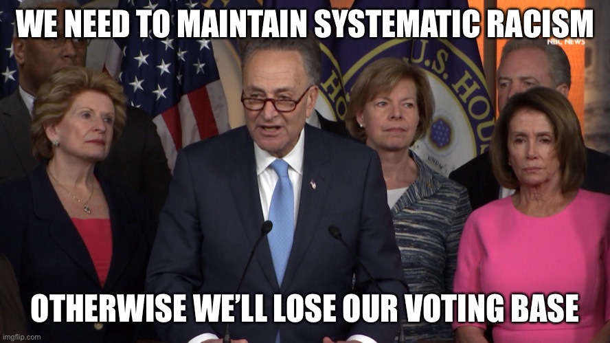 Democrat congressmen | WE NEED TO MAINTAIN SYSTEMATIC RACISM OTHERWISE WE’LL LOSE OUR VOTING BASE | image tagged in democrat congressmen | made w/ Imgflip meme maker