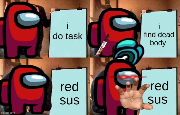 Gru's Plan |  i do task; i find dead body; red sus; red sus | image tagged in memes,gru's plan | made w/ Imgflip meme maker