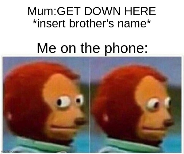 Monkey Puppet Meme | Mum:GET DOWN HERE *insert brother's name*; Me on the phone: | image tagged in memes,monkey puppet | made w/ Imgflip meme maker