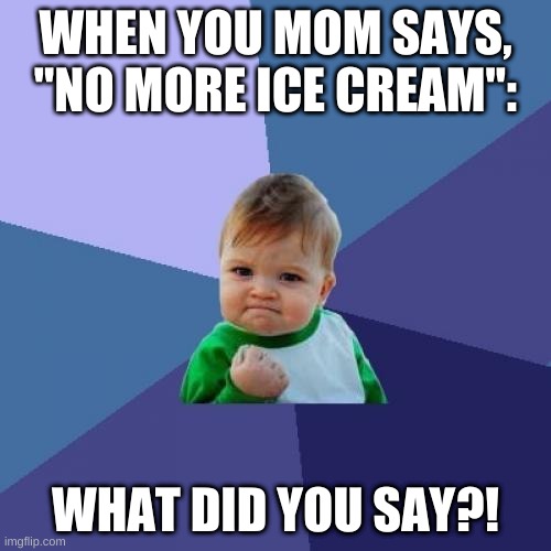 Success Kid Meme | WHEN YOU MOM SAYS, "NO MORE ICE CREAM":; WHAT DID YOU SAY?! | image tagged in memes,success kid | made w/ Imgflip meme maker