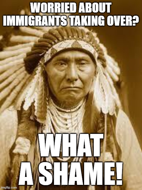 Native American | WORRIED ABOUT IMMIGRANTS TAKING OVER? WHAT A SHAME! | image tagged in native american | made w/ Imgflip meme maker