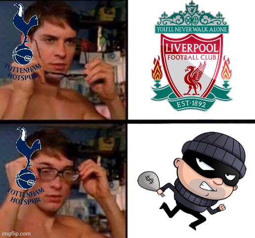 Spurs 2-2 Liverpool | image tagged in peter parker's glasses,tottenham,liverpool,premier league,futbol,memes | made w/ Imgflip meme maker