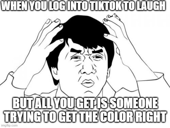 Jackie Chan WTF Meme | WHEN YOU LOG INTO TIKTOK TO LAUGH; BUT ALL YOU GET IS SOMEONE TRYING TO GET THE COLOR RIGHT | image tagged in memes,jackie chan wtf | made w/ Imgflip meme maker
