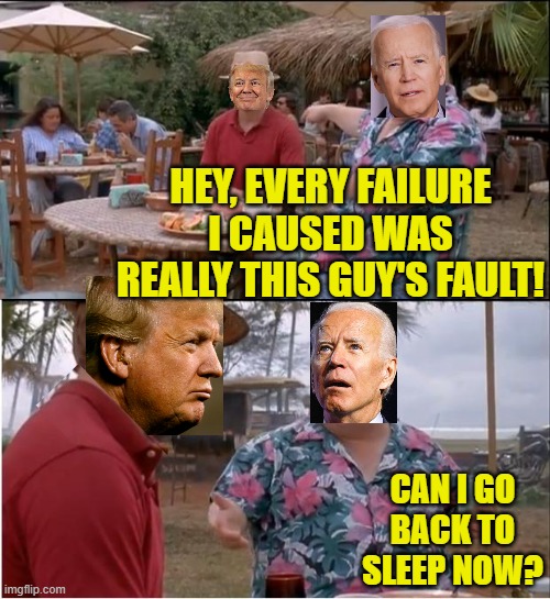 It's not my fault. End quote. | HEY, EVERY FAILURE I CAUSED WAS REALLY THIS GUY'S FAULT! CAN I GO BACK TO SLEEP NOW? | image tagged in see nobody cares,political meme,joe biden,puppet,donald trump | made w/ Imgflip meme maker