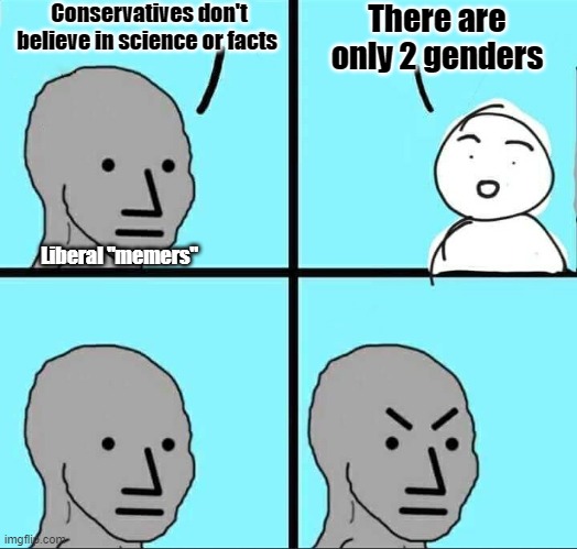 Science and facts | Conservatives don't believe in science or facts; There are only 2 genders; Liberal "memers" | image tagged in npc meme | made w/ Imgflip meme maker