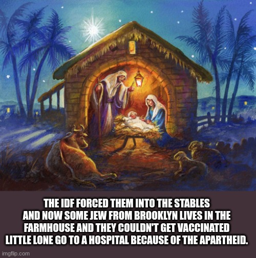 Nativity | THE IDF FORCED THEM INTO THE STABLES AND NOW SOME JEW FROM BROOKLYN LIVES IN THE FARMHOUSE AND THEY COULDN'T GET VACCINATED LITTLE LONE GO TO A HOSPITAL BECAUSE OF THE APARTHEID. | image tagged in nativity,israel,palestine,idf,christmas,jesus | made w/ Imgflip meme maker