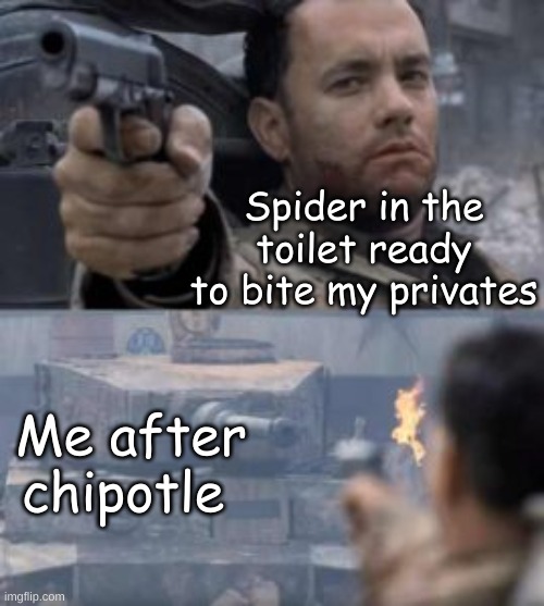 time to bring out the big guns | Spider in the toilet ready to bite my privates; Me after chipotle | image tagged in gun vs tank,memes,meme generator,original meme | made w/ Imgflip meme maker