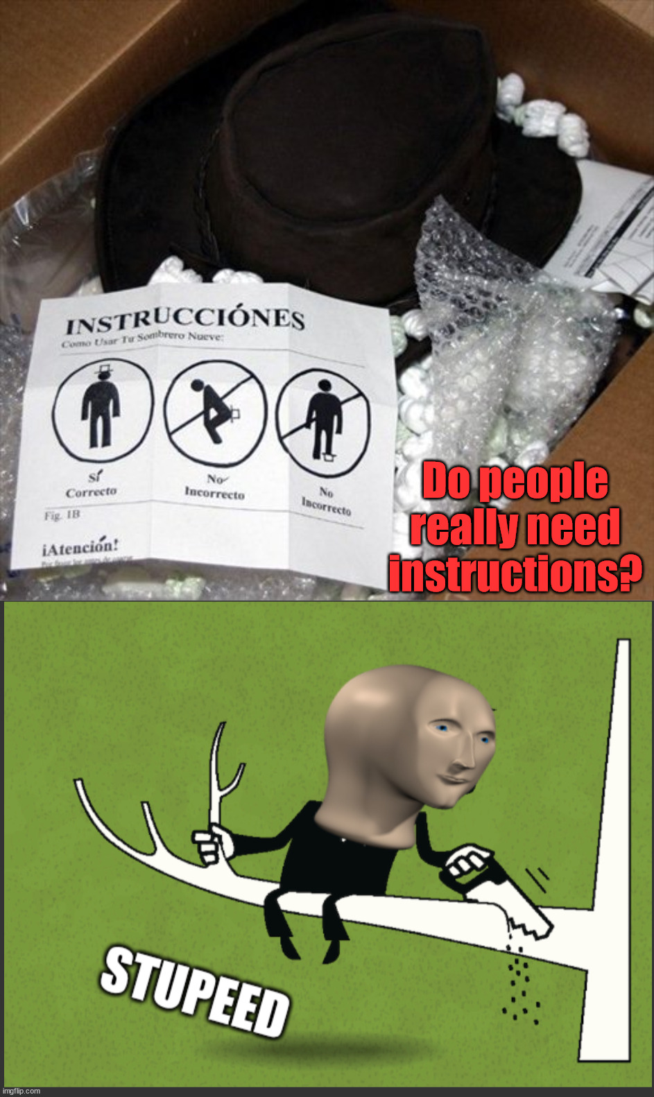 How dumb do people have to be? |  Do people really need instructions? | image tagged in meme man stupeed,hats | made w/ Imgflip meme maker