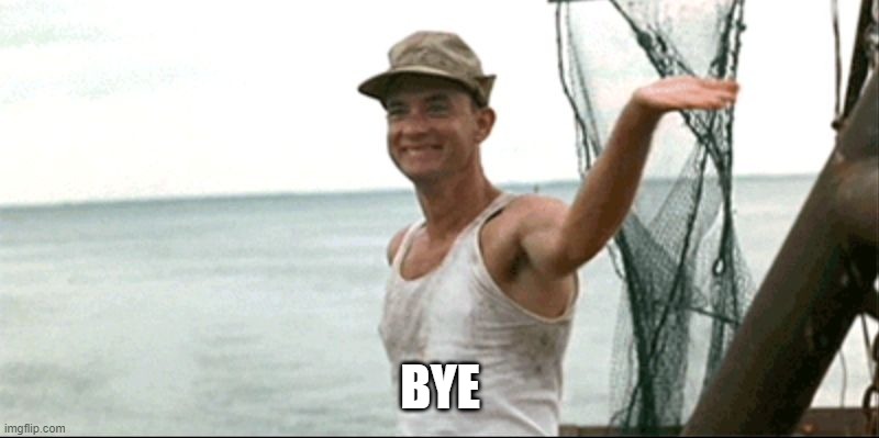 Forest Gump waving | BYE | image tagged in forest gump waving | made w/ Imgflip meme maker