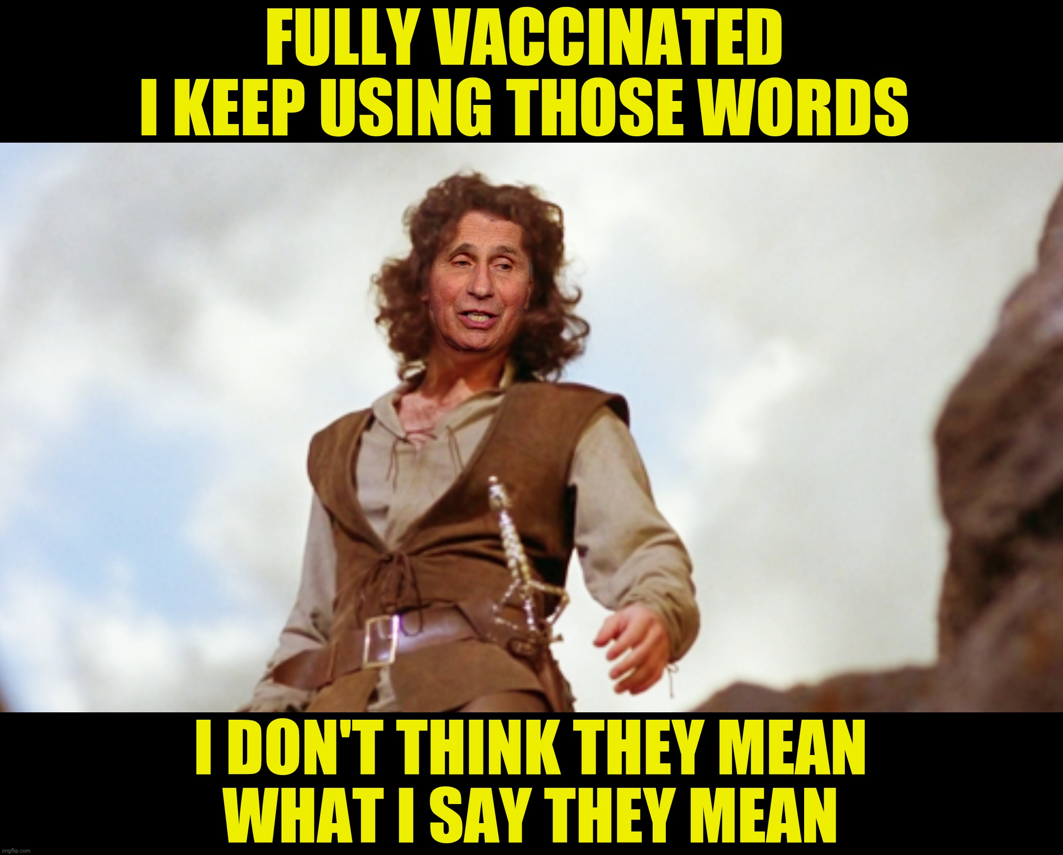 FULLY VACCINATED 
I KEEP USING THOSE WORDS I DON'T THINK THEY MEAN
WHAT I SAY THEY MEAN | made w/ Imgflip meme maker