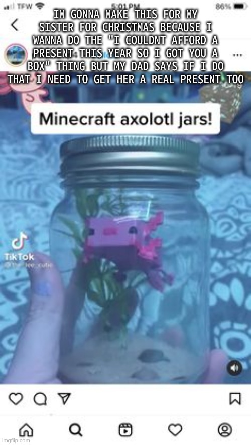 My sister is obsessed with axolotls so i figured this would be good | IM GONNA MAKE THIS FOR MY SISTER FOR CHRISTMAS BECAUSE I WANNA DO THE "I COULDNT AFFORD A PRESENT THIS YEAR SO I GOT YOU A BOX" THING BUT MY DAD SAYS IF I DO THAT I NEED TO GET HER A REAL PRESENT TOO | made w/ Imgflip meme maker