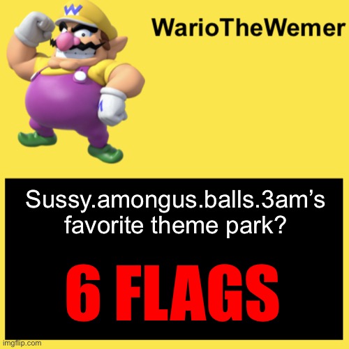 bad joke time | Sussy.amongus.balls.3am’s favorite theme park? 6 FLAGS | image tagged in wariothewemer | made w/ Imgflip meme maker