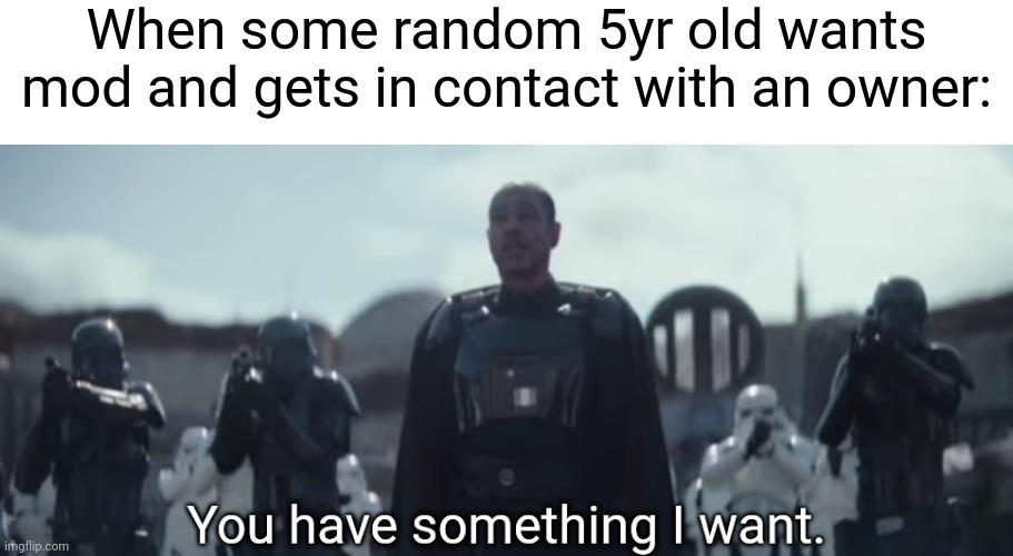 You have something I want. | When some random 5yr old wants mod and gets in contact with an owner: | image tagged in you have something i want | made w/ Imgflip meme maker