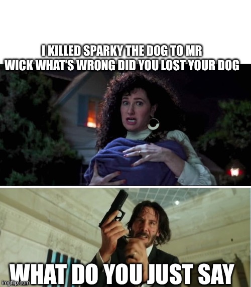 John Wick in Wandavision | I KILLED SPARKY THE DOG TO MR WICK WHAT’S WRONG DID YOU LOST YOUR DOG; WHAT DO YOU JUST SAY | image tagged in blank white template,john wick gun | made w/ Imgflip meme maker