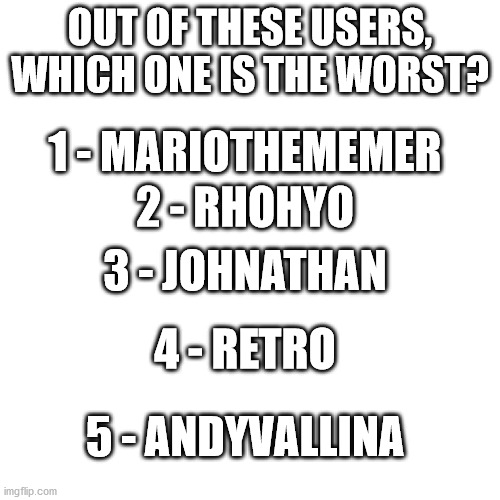 comment | OUT OF THESE USERS, WHICH ONE IS THE WORST? 1 - MARIOTHEMEMER; 2 - RHOHYO; 3 - JOHNATHAN; 4 - RETRO; 5 - ANDYVALLINA | image tagged in memes,blank transparent square | made w/ Imgflip meme maker