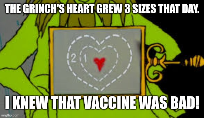 Grinch heart | THE GRINCH'S HEART GREW 3 SIZES THAT DAY. I KNEW THAT VACCINE WAS BAD! | image tagged in grinch heart | made w/ Imgflip meme maker