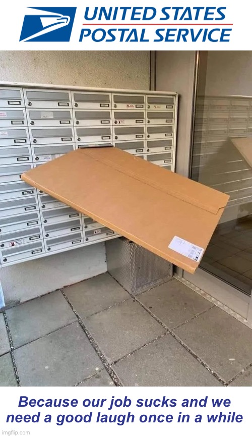 The USPS tagline | Because our job sucks and we need a good laugh once in a while | image tagged in funny memes,package | made w/ Imgflip meme maker