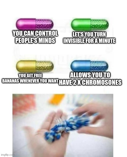 yes please | LET'S YOU TURN INVISIBLE FOR A MINUTE; YOU CAN CONTROL PEOPLE'S MINDS; YOU GET FREE BANANAS WHENEVER YOU WANT; ALLOWS YOU TO HAVE 2 X CHROMOSONES | image tagged in blank pills meme | made w/ Imgflip meme maker