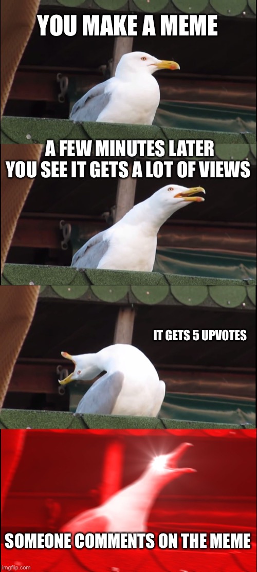 Inhaling Seagull | YOU MAKE A MEME; A FEW MINUTES LATER YOU SEE IT GETS A LOT OF VIEWS; IT GETS 5 UPVOTES; SOMEONE COMMENTS ON THE MEME | image tagged in memes,inhaling seagull | made w/ Imgflip meme maker