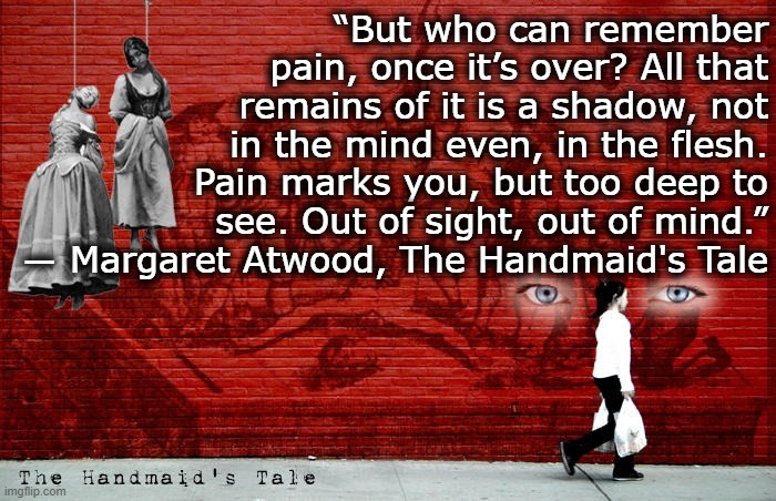 “But who can remember pain, once it’s over? All that remains of it is a shadow, not in the mind even, in the flesh. Pain marks you, but too deep to see. Out of sight, out of mind.”
― Margaret Atwood, The Handmaid's Tale | image tagged in dystopia,literature | made w/ Imgflip meme maker