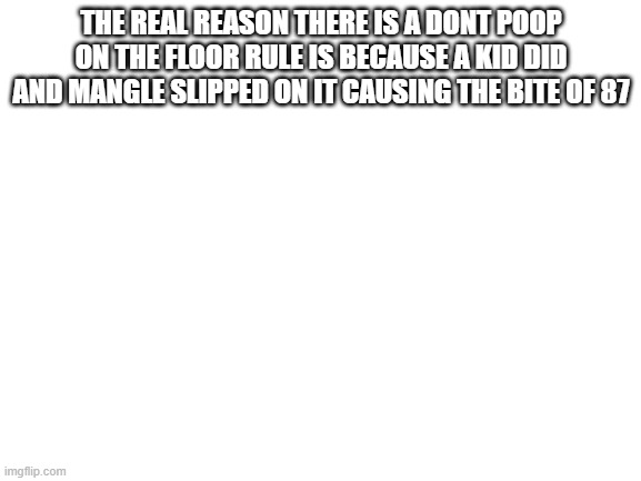 . | THE REAL REASON THERE IS A DONT POOP ON THE FLOOR RULE IS BECAUSE A KID DID AND MANGLE SLIPPED ON IT CAUSING THE BITE OF 87 | image tagged in blank white template | made w/ Imgflip meme maker