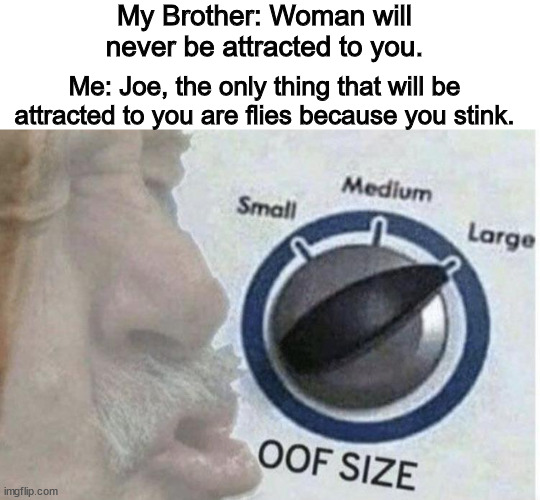 oof size large | My Brother: Woman will never be attracted to you. Me: Joe, the only thing that will be attracted to you are flies because you stink. | image tagged in oof size large,memes,funny | made w/ Imgflip meme maker