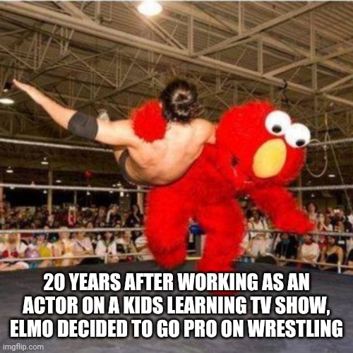 I'm afraid the cocaine ruined his career | 20 YEARS AFTER WORKING AS AN ACTOR ON A KIDS LEARNING TV SHOW, ELMO DECIDED TO GO PRO ON WRESTLING | image tagged in elmo wrestling | made w/ Imgflip meme maker